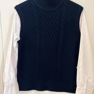 LOFT Petite XSP Navy Cable-Knit Sweater Vest — Mock Neck, Chunky Knit